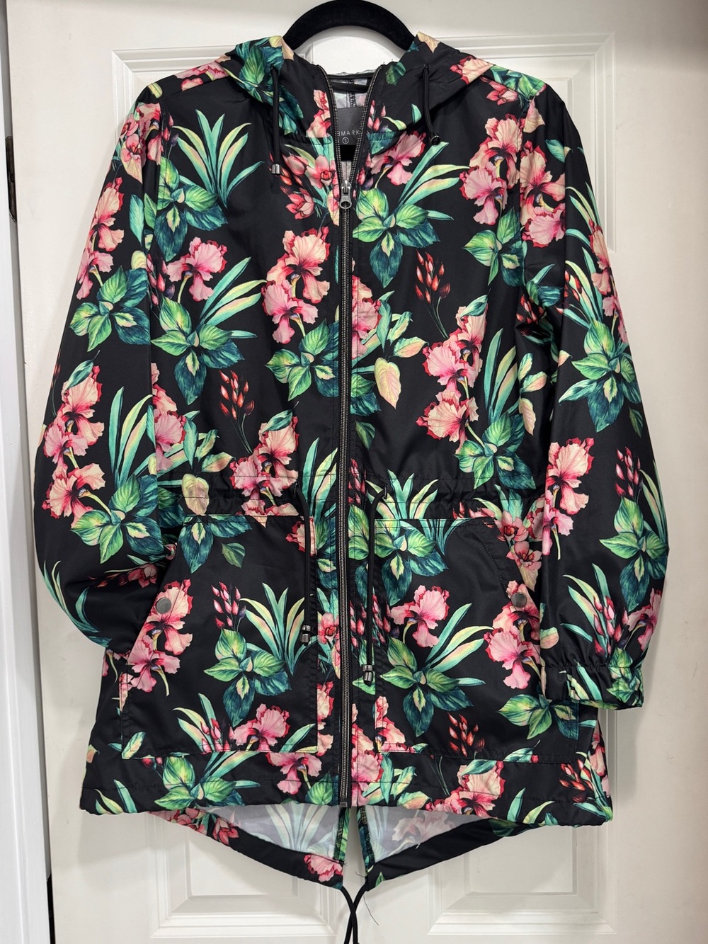 Primark Raincoat/windbreaker Black Pink & Green Floral Print; size S, adjustable